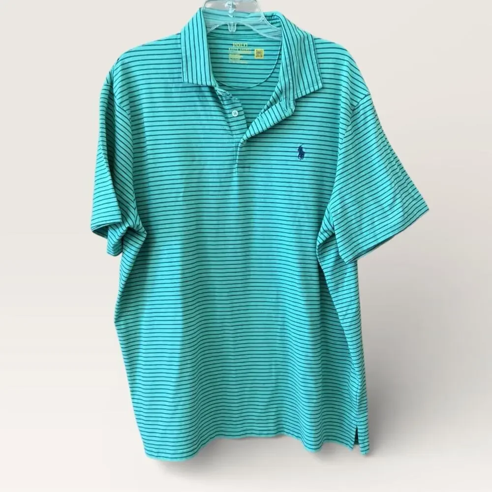 Polo Ralph Lauren Performance Polo Shirt Green Blue Stripe Size XL Preppy Casual
